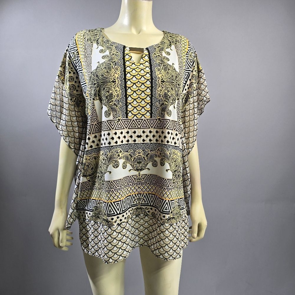 JM Collection Gold and Black Patterned Blouse R5